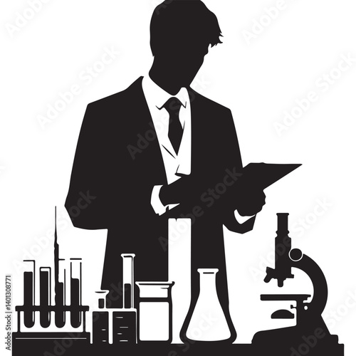 Scientist Research Silhouette Illustration with Microscope and Laboratory Equipment