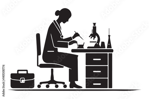 Female Scientist Silhouette Illustration at Lab Experiment for Research