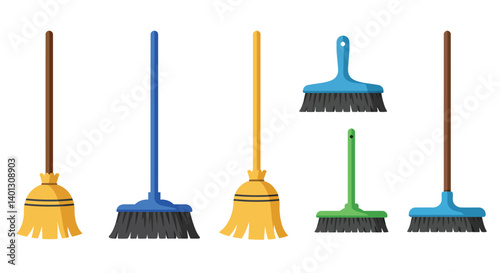 Colorful broom set in flat design showcasing various styles and sizes vector illustration