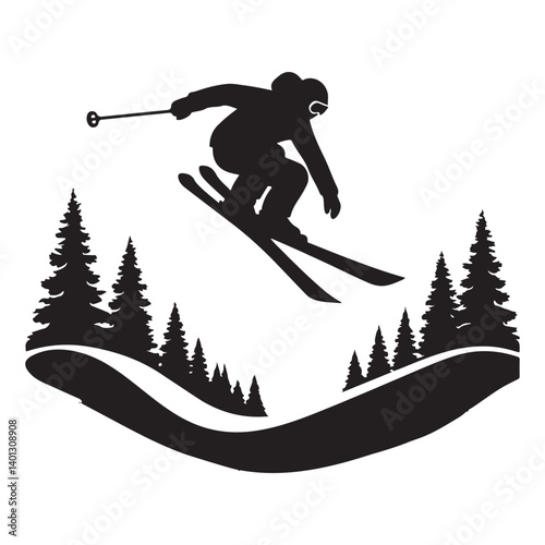 Silhouette of a Skier Jumping Over a Snow Covered Mountain Landscape