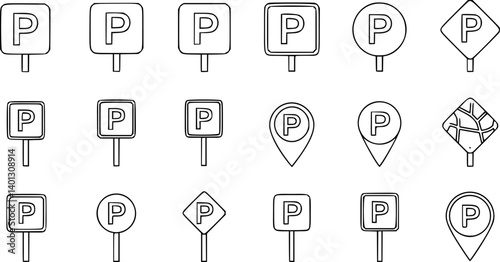 set of Parking signs with different shapes icon set, Car parking sign. Road signs, urban transportation, street, Parking traffic sign and parking map pin Outline icon style. vector illustration