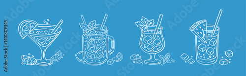 Vector set of summer cocktails with citrus, mint and ice on blue background. Hand-drawn line drinks. Vector summer cocktails set on blue background.