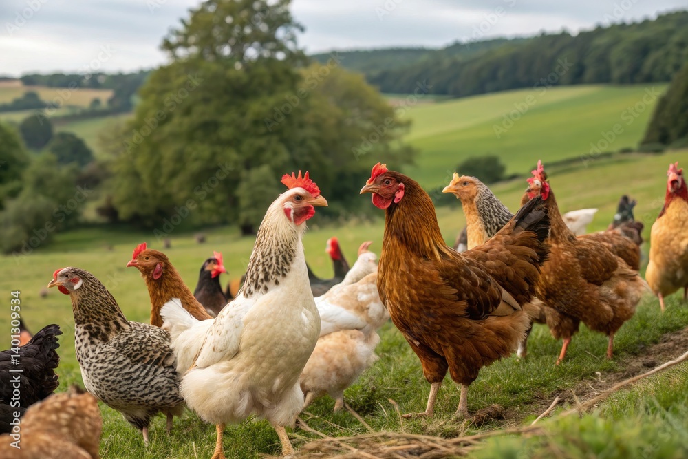 Fototapeta premium Chickens Roam Freely in a Lush Green Pasture During Sunset Generative AI