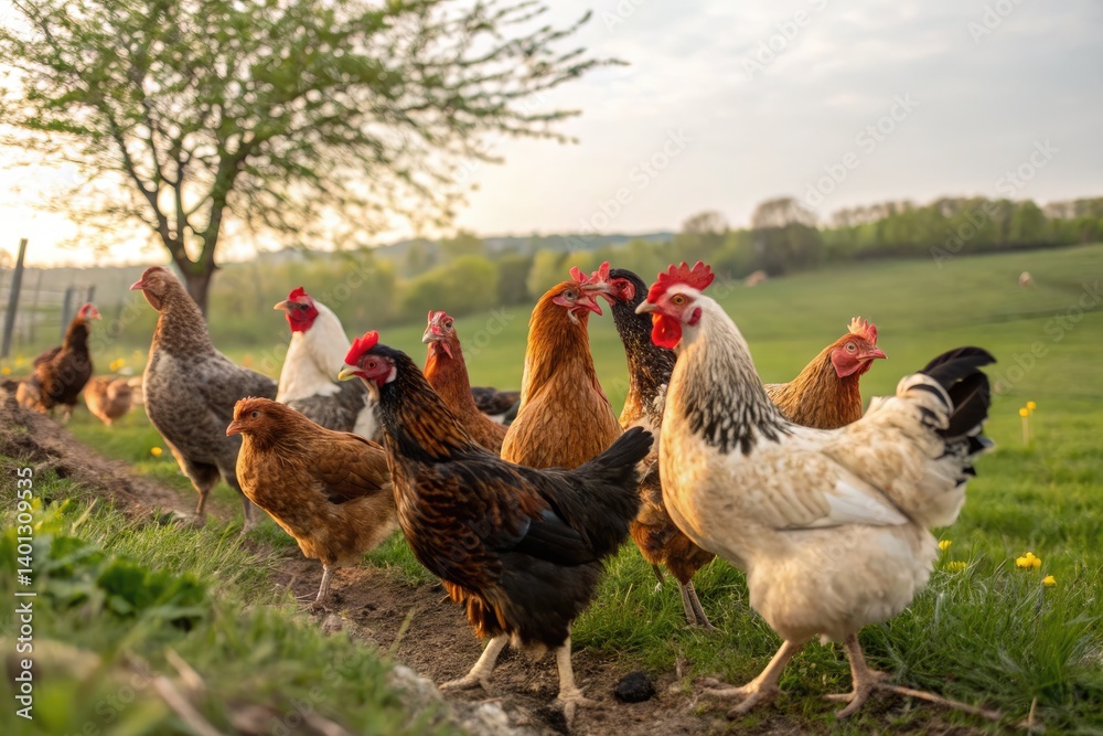 Fototapeta premium Chickens Roaming Freely in a Green Meadow During Golden Hour Generative AI