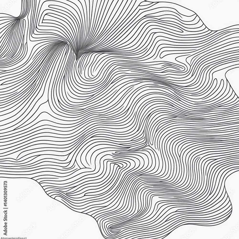 Abstract monochrome line art design with fluid curves and shapes flowing seamlessly across a white background