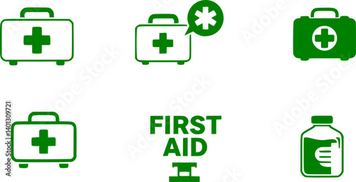 set of First aid icon with first aid kit symbol. Medical briefcase icon. Green FIRST AID sign with text and cross symbol Sign, Emergency medicine concept. vector illustration