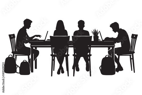 Silhouette Students Studying Together at Table With Laptops and Backpacks