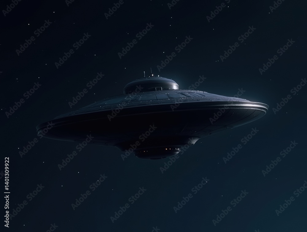 A close-up of a dark UFO hovering in the night sky, showcasing its sleek design and mysterious features A close-up of a dark UFO hovering in the night sky, showcasing its sleek design and mysterious features