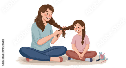 Mother and daughter bonding while styling hair in a flat, colorful vector illustration