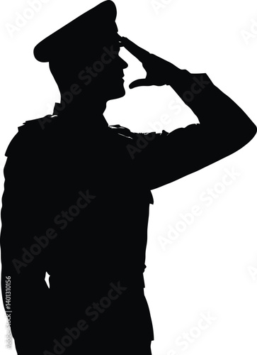 Black and White Silhouette of a Person in a Military Uniform Saluting with a Peaked Cap
