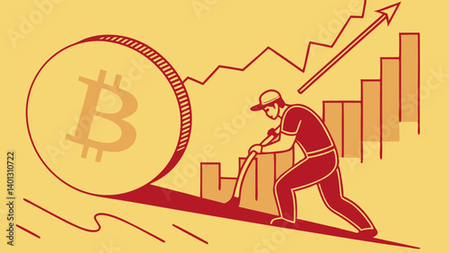 Determined miner pushing giant Bitcoin uphill symbolizing cryptocurrency growth and hard work vibrant red and yellow style graphic