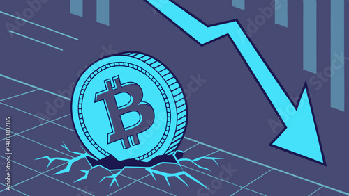 Bitcoin price crash Cryptocurrency market downturn a digital coin sinking into the ground with a sharp downward trend in a dark blue and