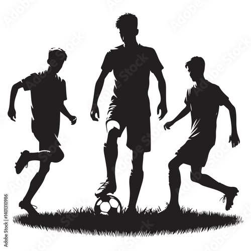 Silhouette illustration of soccer players controlling the ball