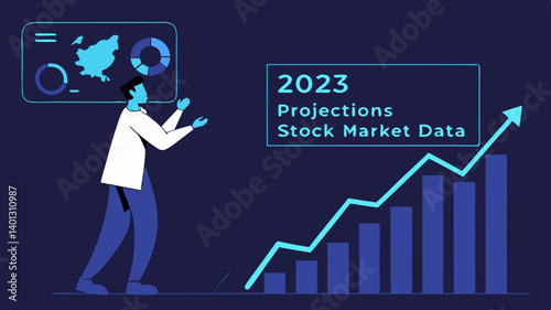 Analyzing 2023 Stock Market Projections A Businessman Reviews Key Data and Growth Trends with a vibrant upward graph and data