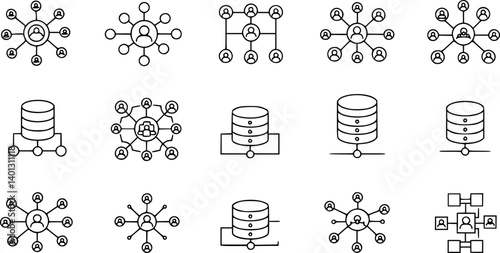 set of Hub network connection and Central database symbol flat line icon.outline vector sign,linear style icon with editable stroke.Vector illustration
