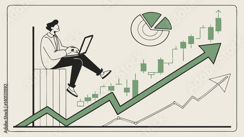 A relaxed investor monitoring upward trending stocks via laptop celebrating financial growth with clean line art graphics in muted