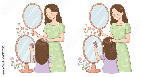 Mother and daughter interacting with mirrors in a minimal, playful style vector illustration