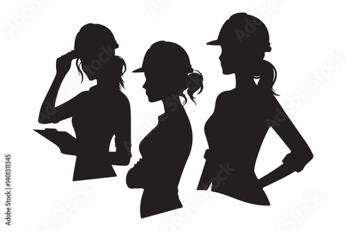 Silhouette Collection of Confident Women Engineers With Hardhats Vectors