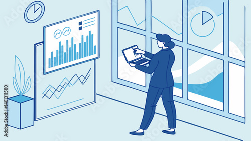 Businesswoman reviewing data on laptop near window with mountain view showcasing insightful analysis clean lines isometric style and