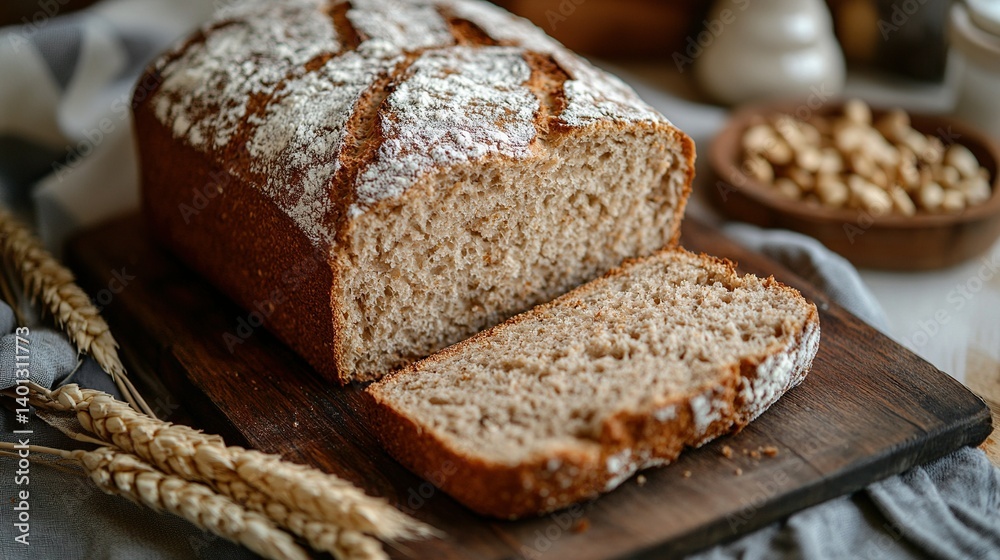 A freshly baked loaf of bread, sliced open to reveal the soft, fluffy interior. Wheat stalks and wheat grains symbolize the ingredients and wholesomeness of the ... A freshly baked loaf of bread, sliced open to reveal the soft, fluffy interior. Wheat stalks and wheat grains symbolize the ingredients and wholesomeness of the ...