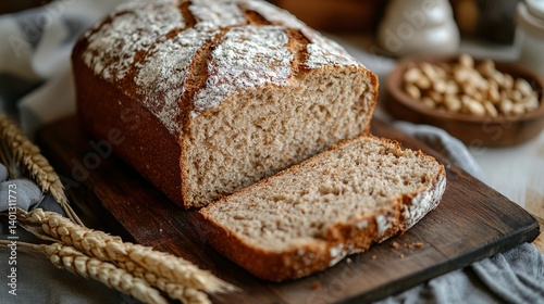 A freshly baked loaf of bread, sliced open to reveal the soft, fluffy interior. Wheat stalks and wheat grains symbolize the ingredients and wholesomeness of the ...
