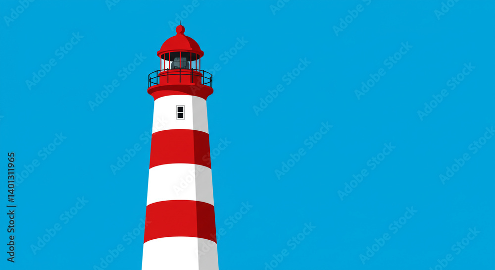 A beacon of hope stands tall against a vibrant blue sky, a red and white striped lighthouse guiding ships home, simple bold lines and flat color. A beacon of hope stands tall against a vibrant blue sky, a red and white striped lighthouse guiding ships home, simple bold lines and flat color.