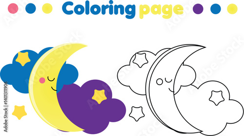 Coloring page with moon and stars. Drawing kids activity. Printable fun for toddlers and children.