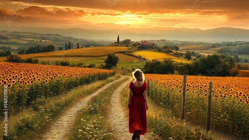 Wallpaper Mural Woman in a red dress walking along a sunlit path through sunflower fields at sunset Torontodigital.ca