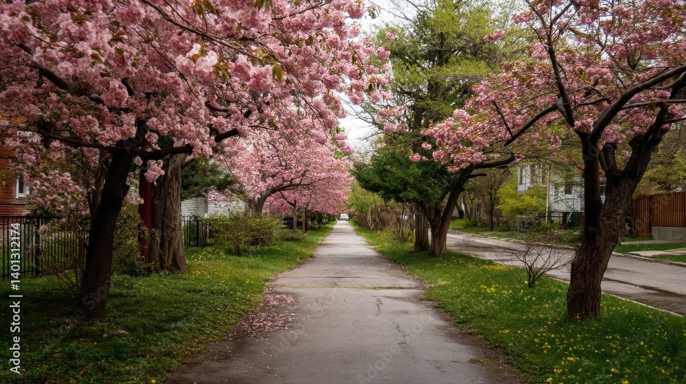 Naklejka premium Cherry blossoms lining a peaceful path.