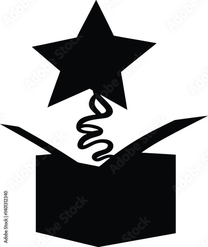 Black and White Silhouette of a Box with a Star Emerging from a Coiled Spring, Representing Surprise and Playfulness