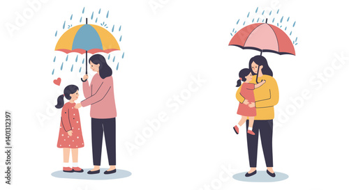 Umbrella sheltering mother and child in flat vector art style showing love and care