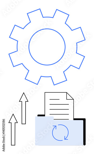 Gear above folder holding document with sync icon, arrows implying progress. Ideal for data management, tech process, automation, workflow, efficiency, synchronization innovation. Flat simple