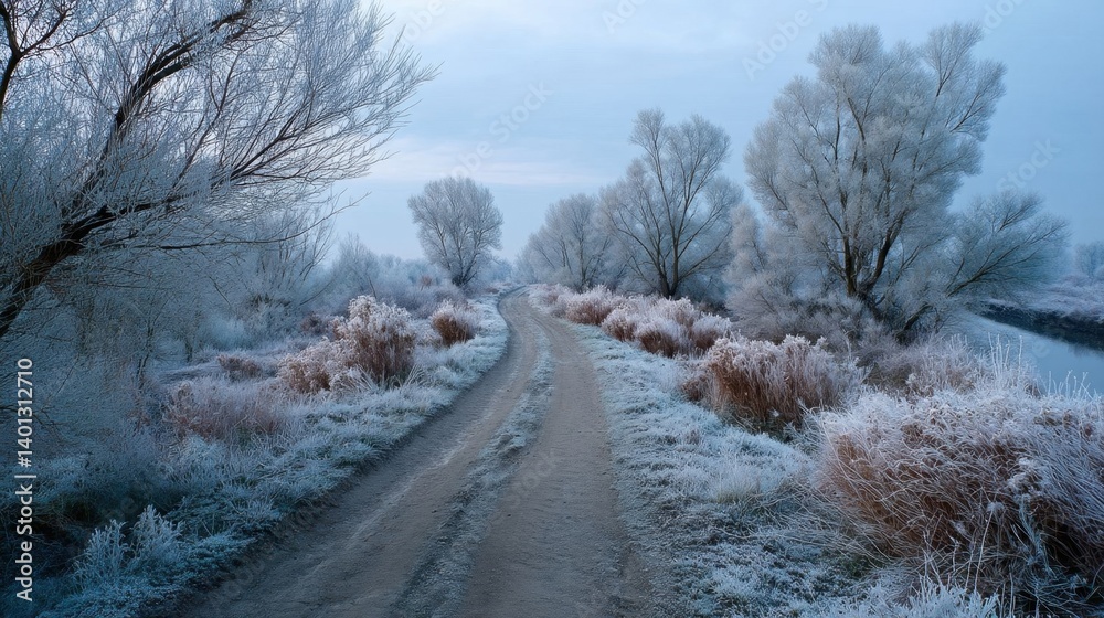 Obraz premium Frost-covered willows frame a dirt road.