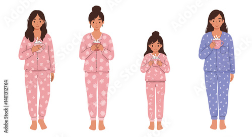Family members wearing matching pajamas in flat design vector art