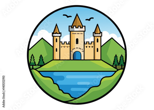 beautiful castle on island Watercolor vector illustration	