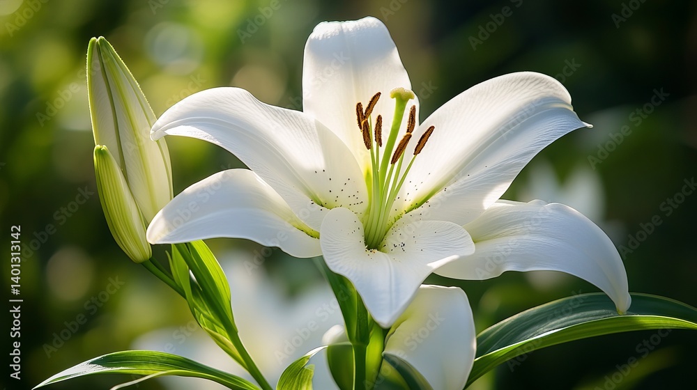 Close up of a white lily flower with a green bud and leaves in a garden setting on a sunny day Close up of a white lily flower with a green bud and leaves in a garden setting on a sunny day
