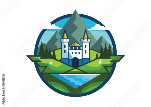beautiful castle on island Watercolor vector illustration	