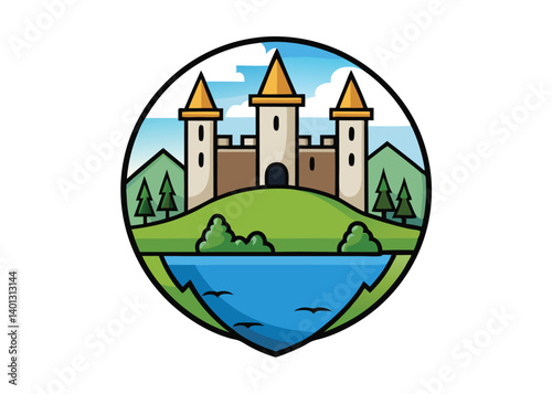 beautiful castle on island Watercolor vector illustration	