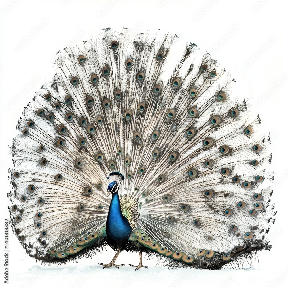 Obraz premium Majestic Peacock Displaying Vibrant Feathers in an Artistic and Elegant Pose Against a Plain Background