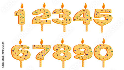 A set of festive illustrated candles in the shape of numbers from 0 to 9 