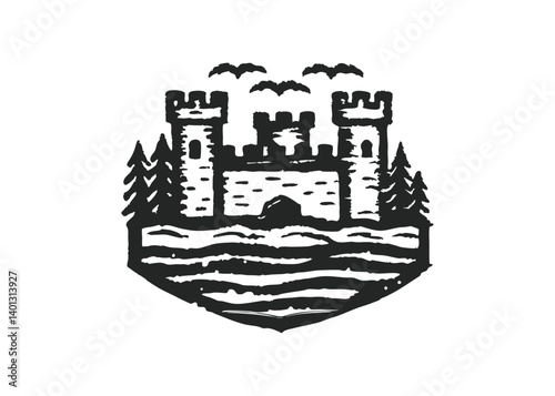 Silhouette Cartoon scene of various: Buddhist temple, arch, gate, pagoda, cherry blossoms, trees, mountains, river vector illustration