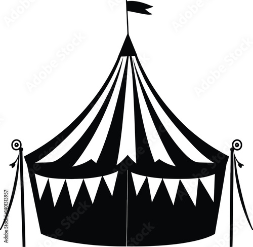 Black and White Silhouette of a Circus Tent with Flags and Pennants