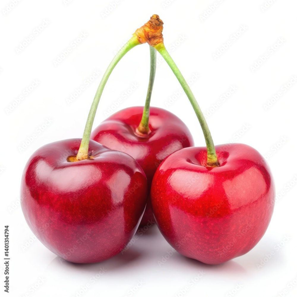 Three juicy red cherries vibrant and glossy on white background Three juicy red cherries vibrant and glossy on white background