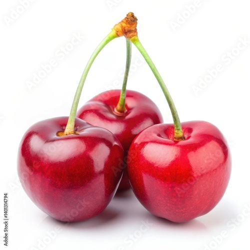 Three juicy red cherries vibrant and glossy on white background