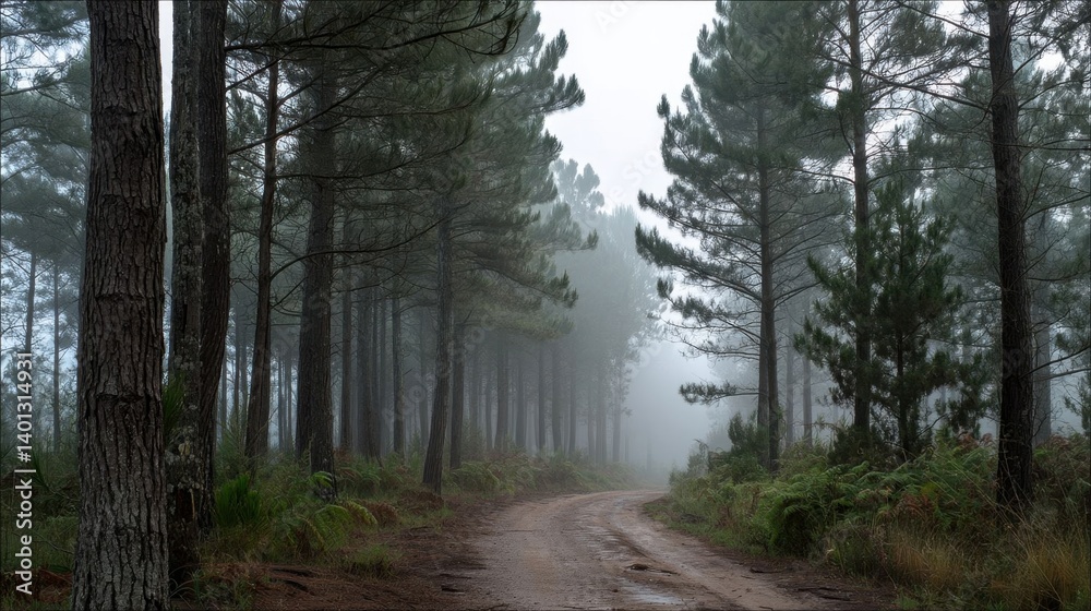 Fototapeta premium Mysterious fog envelops a winding dirt road.
