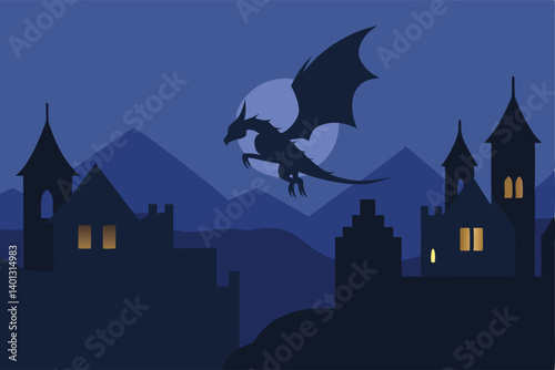 dragon flying over a medieval village at dusk vector