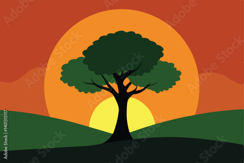 evening sun behind old oak tree in field vector illustration