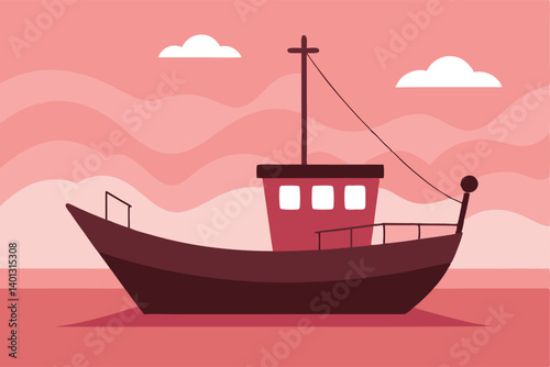 fishing boat on shore with pink sky vector illustration