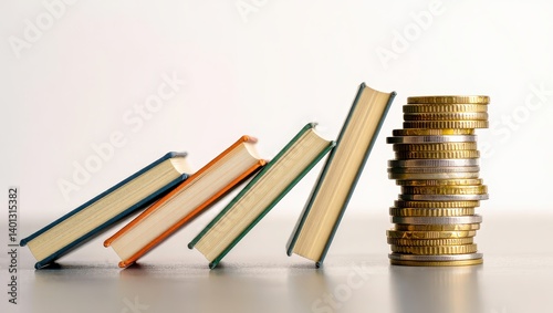 Student loans interest concept. Books leaning against a stack of coins, symbolizing knowledge and finance integration.
