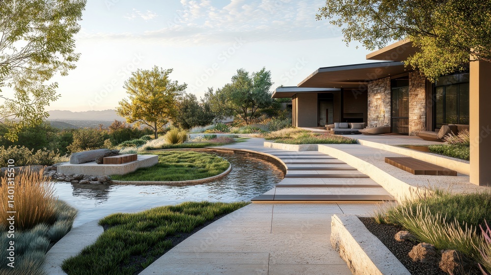 Obraz premium Modern Stone House with Expansive Garden and Serene Water Feature at Sunset